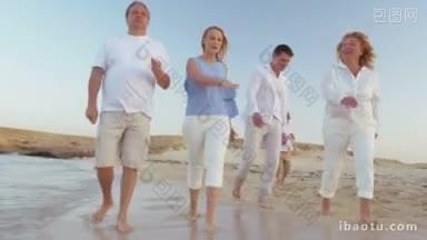 斯坦尼康拍摄的一个大家庭的成员在海滩上游行年轻的女人正在告诉一些事情和手势情感